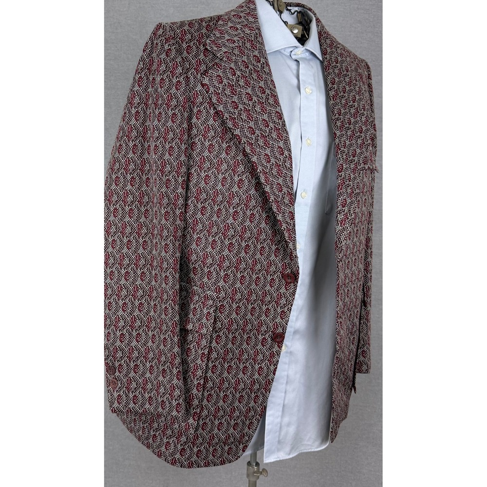 Vintage 60s Bespoke Sport Coat 38R Wide Lapel Burgundy Geometric Knit Blazer
